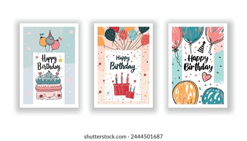 Whimsical Happy Birthday Card Collection, Hand-Drawn Flyers, Postcards, and Invitations