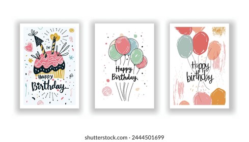 Whimsical Happy Birthday Card Collection, Hand-Drawn Flyers, Postcards, and Invitations