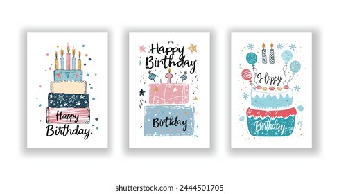 Colección caprichosa de la tarjeta de feliz cumpleaños, volantes dibujados a mano, postales e invitaciones