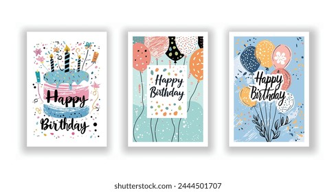 Whimsical Happy Birthday Card Collection, Hand-Drawn Flyers, Postcards, and Invitations