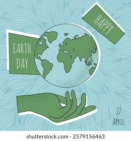 Whimsical Happy Earth Day background. Simple elegant Earth Day poster cover template. Pastel color planet and hand. Vector illustration. EPS 10