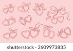 Whimsical heart lockets wedding illustration set. Vintage line art heart locket collection.