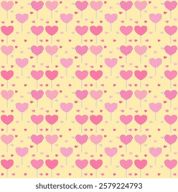 Whimsical heart lollipop pattern on pastel yellow, perfect for use in creative projects like gift wraps, wallpapers, party decorations, or Valentine-themed designs. 