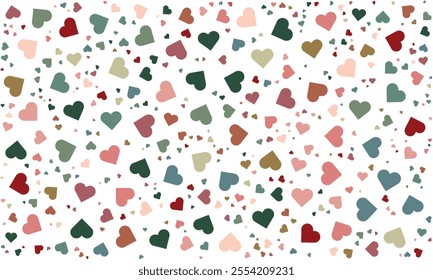 Whimsical Heart Pattern. Scattered Colorful Hearts in Soft Earth Tones on White Background, Perfect for Valentine's Day, Wedding Decor, Scrapbooking, Sublimation Designs, and Digital Art Projects