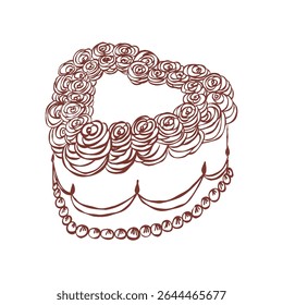 Whimsical heart shaped cake. Vintage style minimalist outline elegant element. Trendy retro coquette line food. Hand drawn isolated vector illustration. Party birthday, anniversary, celebration design