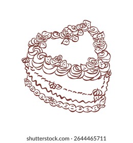 Whimsical heart shaped cake. Vintage style minimalist outline elegant element. Trendy retro coquette line food. Hand drawn isolated vector illustration. Party birthday, anniversary, celebration design