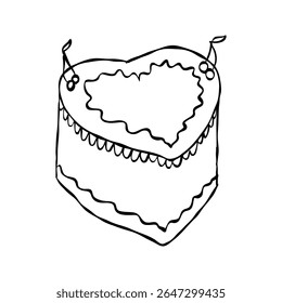 Whimsical heart shaped cake. Vintage style minimalist outline elegant element. Trendy retro coquette line food. Hand drawn isolated vector illustration. Party birthday, anniversary, celebration design