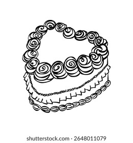 Whimsical heart shaped cake. Vintage style minimalist outline elegant element. Trendy retro coquette line food. Hand drawn isolated vector illustration. Party birthday, anniversary, celebration design