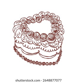 Whimsical heart shaped cake. Vintage style minimalist outline elegant element. Trendy retro coquette line food. Hand drawn isolated vector illustration. Party birthday, anniversary, celebration design