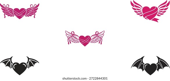 Conjunto caprichoso de iconos de vectores de corazón y alas