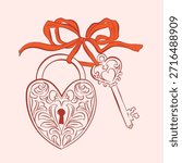 Whimsical Heart-shaped padlock and key, Hand drawn love symbol, Romantic element for invitations, greeting cards, scrapbooking, sticker, decorative etc.