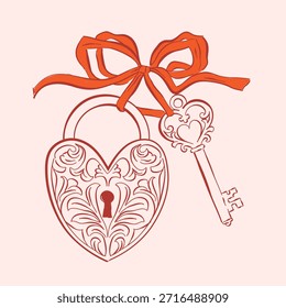 Caprichoso cadeado em forma de coração e chave, Mão desenhado símbolo de amor, elemento romântico para convites, cartões de saudação, scrapbooking, adesivo, decorativo etc.