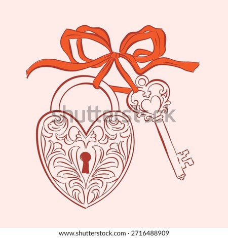 Whimsical Heart-shaped padlock and key, Hand drawn love symbol, Romantic element for invitations, greeting cards, scrapbooking, sticker, decorative etc.