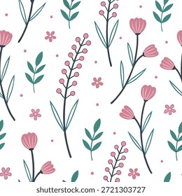 Whimsical heather seamless pattern with playful elements and soft colors on white concept as Playful whimsical heather flowers with soft pastel colors creating fun seamless pattern ideal for creative projects in Photo Stock Concept and empty space on the left side,no text --ar 7:2 --tile