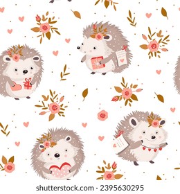 A whimsical hedgehog seamless pattern. Group of adorable vector cartoon hedgehogs with flower and presents. Valentines Day baby shower background