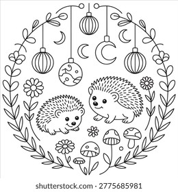 Whimsical hedgehogs and celestial ornaments in a floral circle design