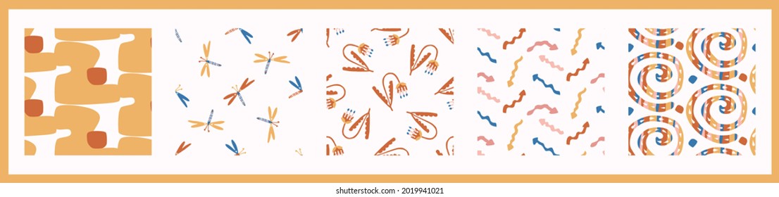 Whimsical henri matisse style cut out shape pattern set. Seamless collage  retro allover print collection. Trendy playfull baby nursery decor, scandi fashion, decorative child prints. Vector swatches