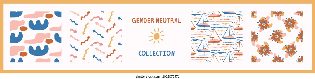 Whimsical henri matisse style cut out shape pattern set. Seamless collage retro allover print collection. Trendy playfull baby nursery decor, scandi fashion, decorative child prints. Vector swatches