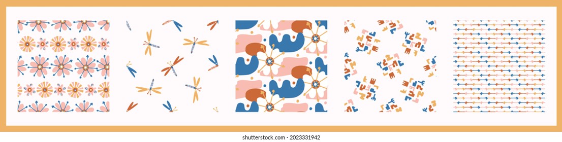 Whimsical henri matisse style cut out shape pattern set. Seamless collage retro allover print collection. Trendy playfull baby nursery decor, scandi fashion, decorative child prints. Vector swatches