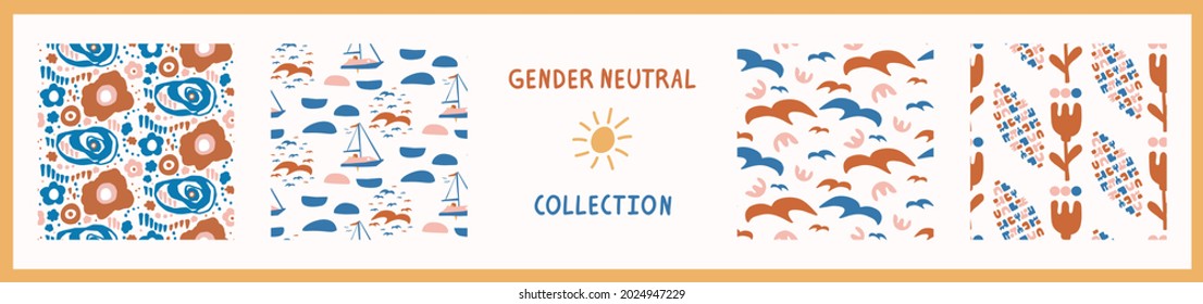 Whimsical henri matisse style cut out shape boat pattern set. Seamless collage retro allover print collection. Trendy playfull baby nursery decor, scandi, decorative child prints. Vector swatches