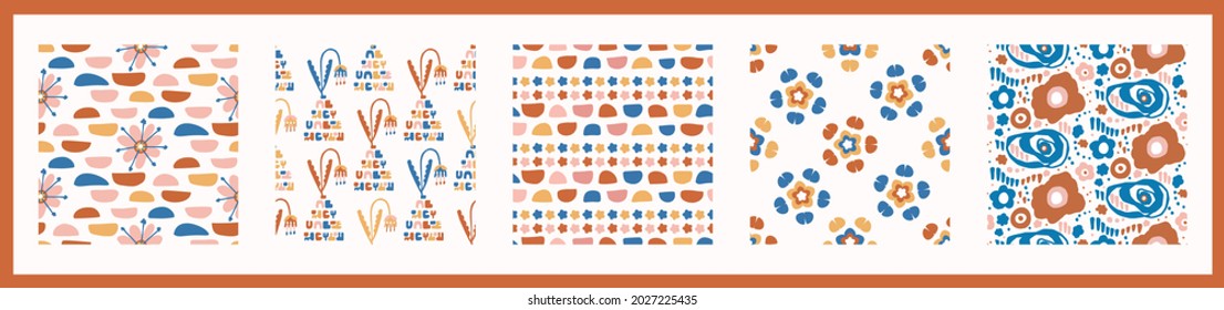 Whimsical henri matisse style cut out shape pattern set. Seamless collage retro allover print collection. Trendy playfull baby nursery decor, scandi fashion, decorative child prints. Vector swatches