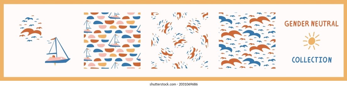 Whimsical henri matisse Stil geschnitten Form Boot Muster Set. Nahtlose Collage Retro-Allover-Druckkollektion. Trendy spielerische Baby-Kindergarten-Dekoration, Skandi, dekorative Kinderabdrücke. Vektorgrafik-Armbanduhren