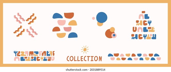 Whimsical henri matisse style cut out shape pattern set. Seamless collage retro allover print and icon motif mix collection. Hand drawn vector graphic design. 