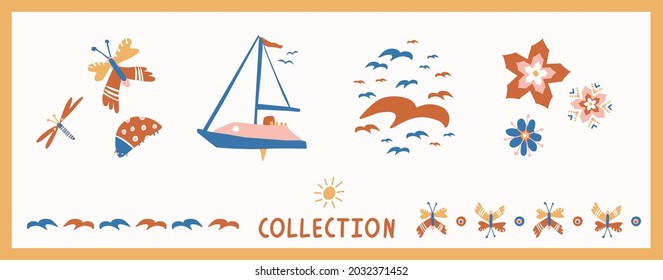  Whimsical henri matisse style cut out shape pattern set. Seamless collage retro allover print and icon motif mix collection. Hand drawn vector graphic design. 