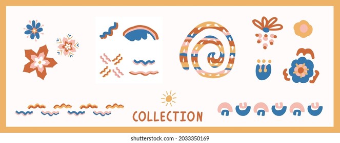  Whimsical henri matisse style cut out shape pattern set. Seamless collage retro allover print and icon motif mix collection. Hand drawn vector graphic design. 