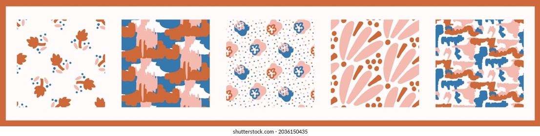Whimsical henri matisse style cut out shape pattern set. Seamless collage retro allover print collection. Trendy playfull baby nursery decor, scandi fashion, decorative child prints. Vector swatches