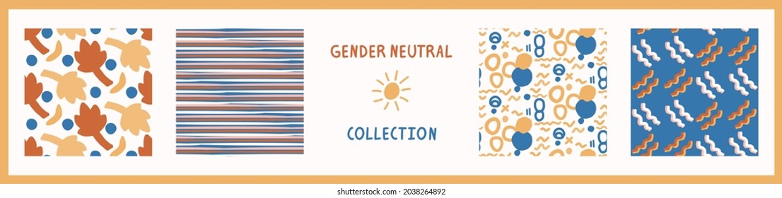Whimsical henri matisse style cut out shape pattern set. Seamless collage retro allover print collection. Trendy playfull baby nursery decor, scandi fashion, decorative child prints. Vector swatches