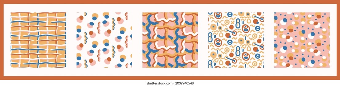Whimsical henri matisse style cut out shape pattern set. Seamless collage retro allover print collection. Trendy playfull baby nursery decor, scandi fashion, decorative child prints. Vector swatches