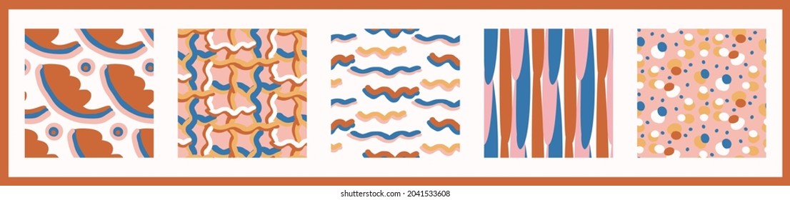 Whimsical henri matisse style cut out shape pattern set. Seamless collage retro allover print collection. Trendy playfull baby nursery decor, scandi fashion, decorative child prints. Vector swatches