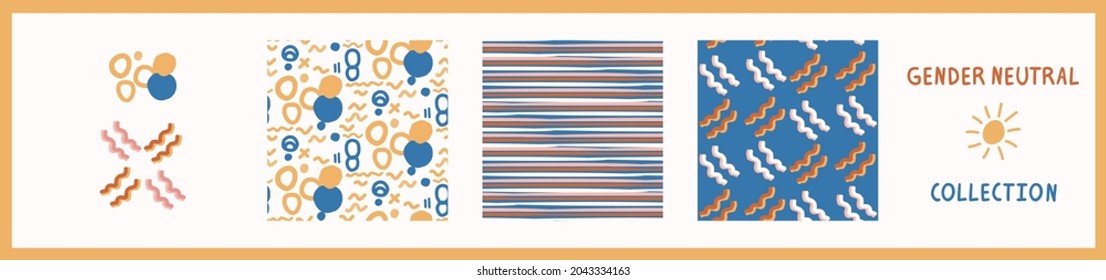 Whimsical henri matisse style cut out shape pattern set. Seamless collage retro allover print collection. Trendy playfull baby nursery decor, scandi fashion, decorative child prints. Vector swatches