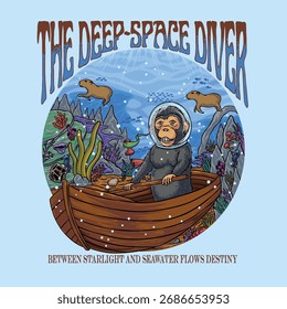 A whimsical and highly imaginative vector illustration titled 'The Deep-Space Diver.' This unique artwork features an anthropomorphic chimpanzee in a diving helmet.
