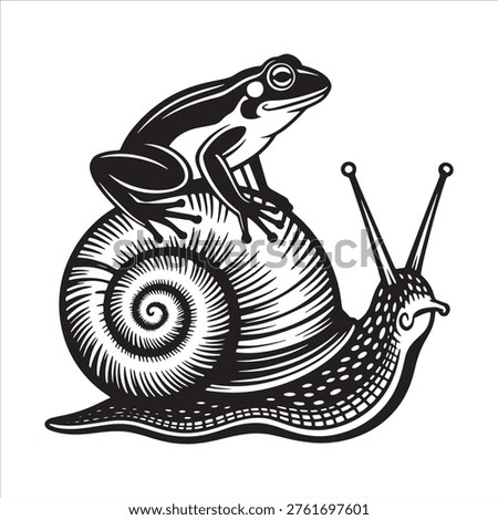 A whimsical, high-quality image capturing a tiny, adventurous frog hitching a ride on a snail’s sturdy shell. This enchanting nature photography highlights the unique friendship, intricate textures, and slow-paced journey of two fascinating creatures in a lush, green garden.