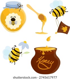Whimsical honey bee vector clip art set featuring cute characters, honey jars, and a wooden spoon, perfect for organic food branding, children stationery, and stickers.