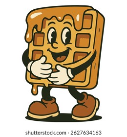 Máscara de waffle de mel encantadora se abraçando com um sorriso satisfeito, pingando com mel, perfeito para marca com tema de café da manhã, menus de café e embalagem de alimentos.