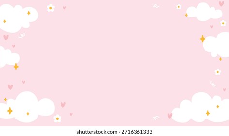 Whimsical horizontal background with white clouds daisy flowers and stars. Minimalist doodle style for nursery website banners baby shower greeting cards or children book packaging