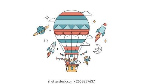 Whimsical hot air balloon adventure amongst planets stars and rockets a cosmic journey for children