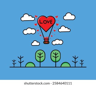 A whimsical hot air balloon in the shape of a red heart, soaring through a vivid blue sky with minimalist landscape.