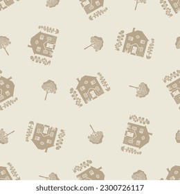 Whimsical house in gender neutral vector pattern. Rustic organic domestic street on seamless background.
