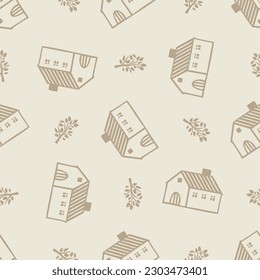 Whimsical house in gender neutral vector pattern. Rustic organic domestic street on seamless background.