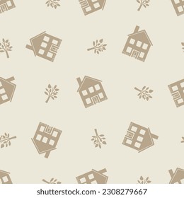 Whimsical house in gender neutral vector pattern. Rustic organic domestic street on seamless background.