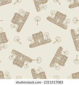 Whimsical house in gender neutral vector pattern. Rustic organic domestic street on seamless background.