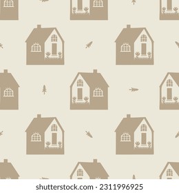 Whimsical house in gender neutral vector pattern. Rustic organic domestic street on seamless background.