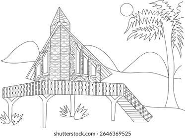 Whimsical house on stilts line art. Intricate architectural drawing with a pointed roof, balcony, and stairs, ideal for coloring.