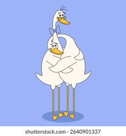 Whimsical Hugs couple of Goose. Coquettish World Hug Day vector illustration. Cute Hugging birds isolated blue background. Perfect postcard card brochure cover template design. EPS 10