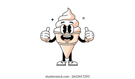 Personagem de cone de sorvete fantástico dando polegares para cima aprovação com um estilo de desenho animado retro feliz