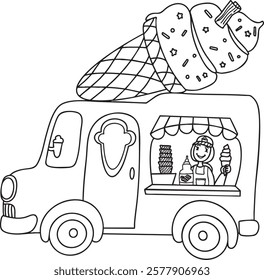 Whimsical ice cream truck with a giant ice cream cone on top in vector doodle style. A smiling vendor serves ice cream cones from the window. 